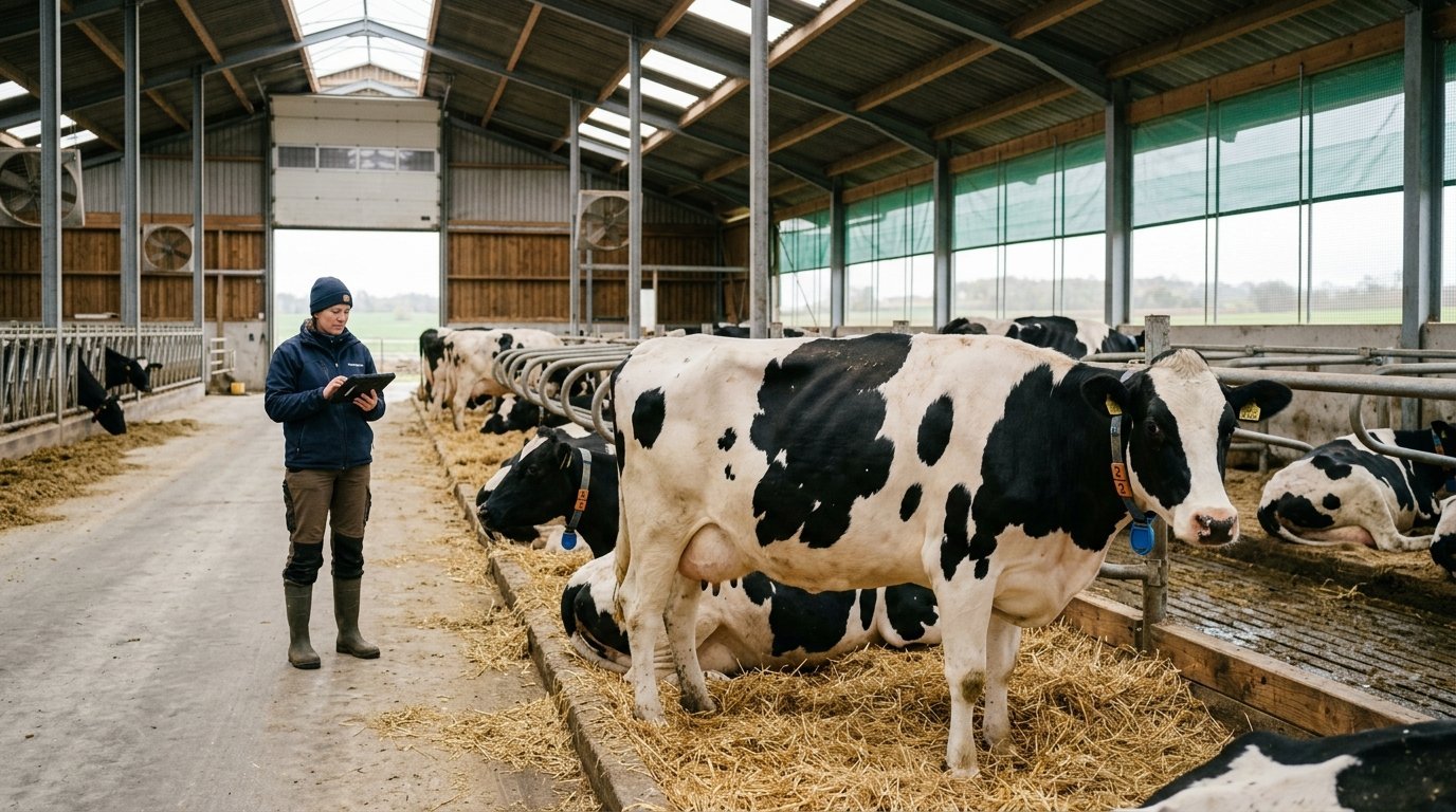 Dairy cattle wearing activity-monitoring sensors in a modern livestock barn
